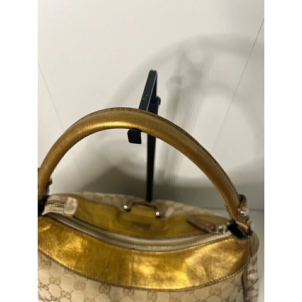 GUCCI GG Canvas Gold Leather Hobo Shoulder Bag - Picture 3 of 14